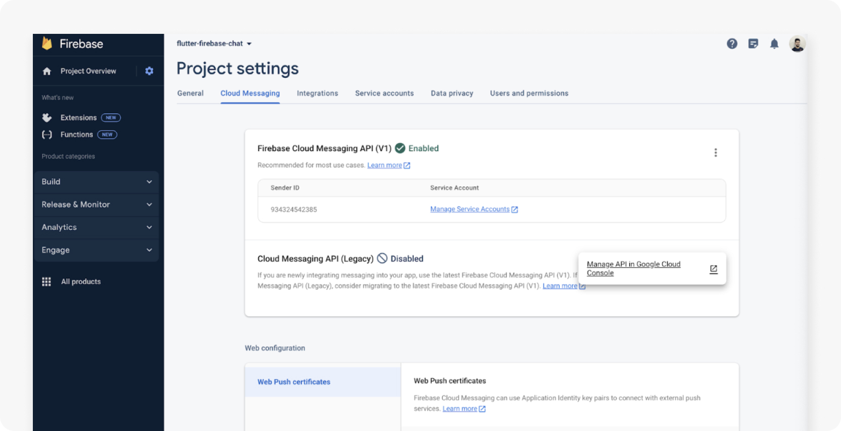Project settings page