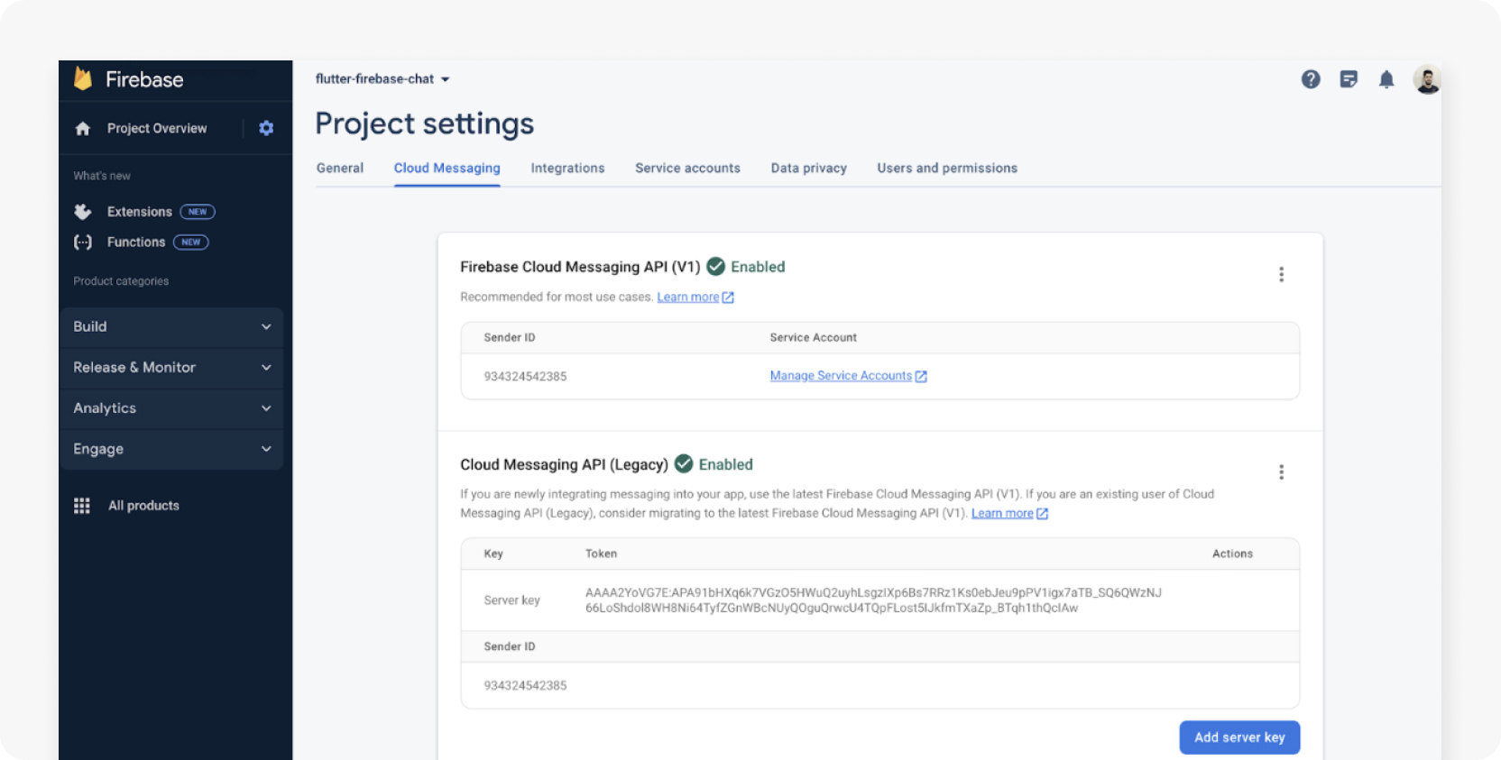 Project settings page