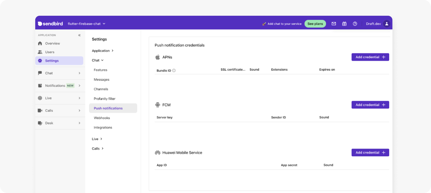 Sendbird dashboard push notifications credentials page