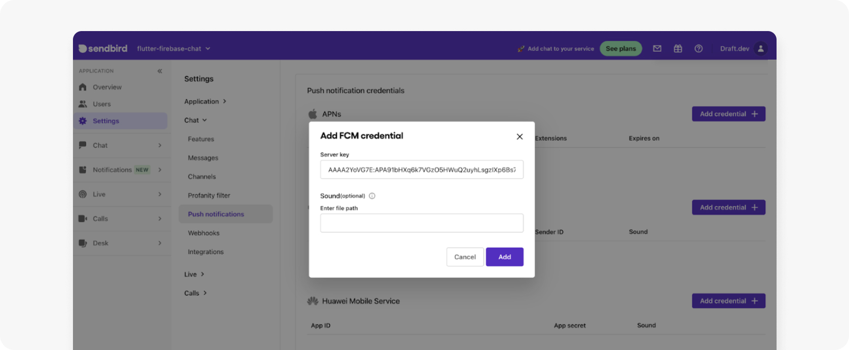 Adding FCM server key