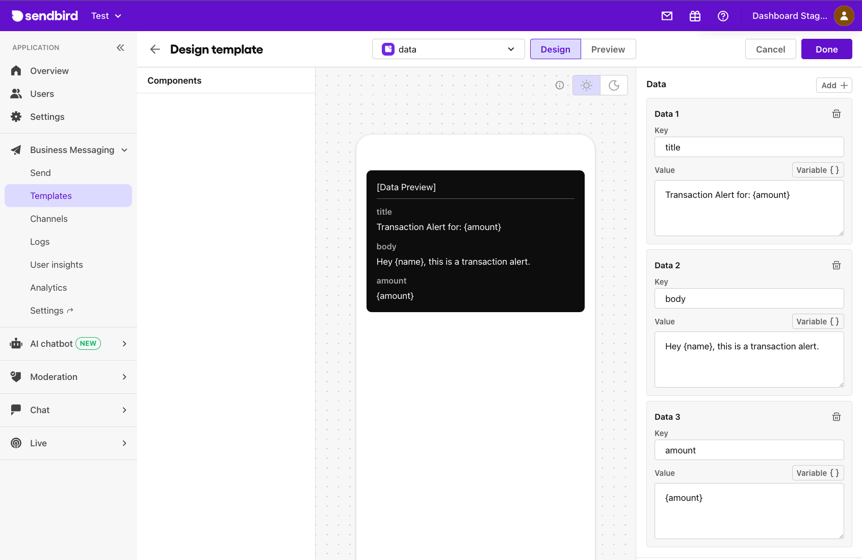 Customizing data for an in-app notification in the Sendbird Business Messaging dashboard when using the in-app message center SDK