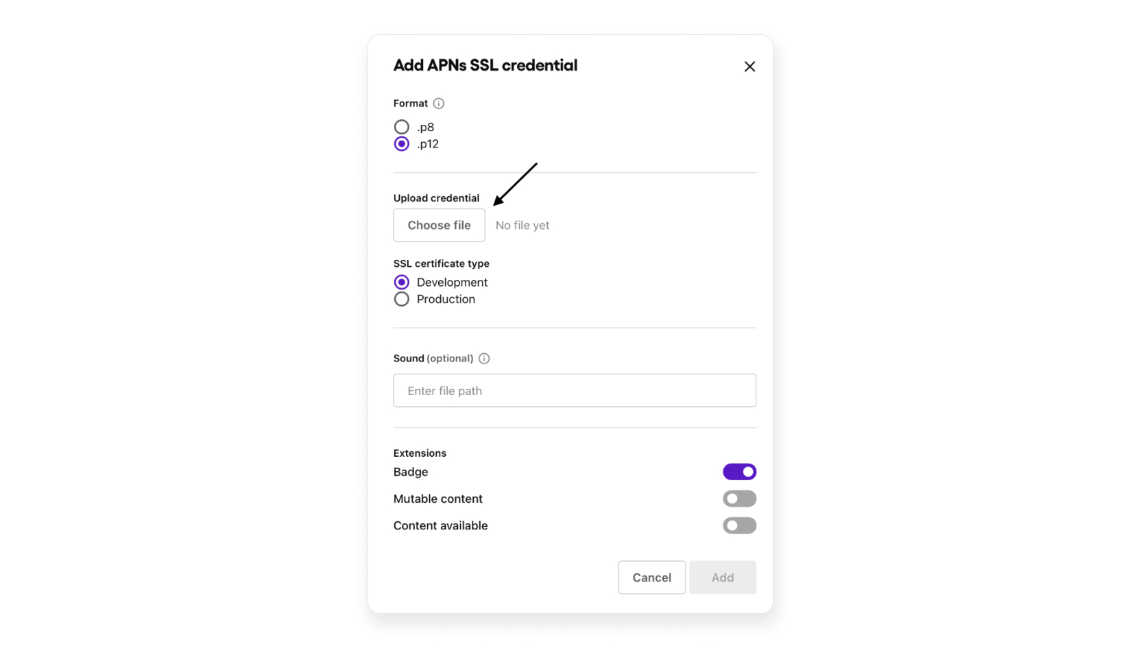 Add APNs SSL credential