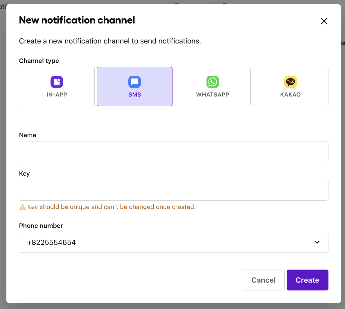 Selecting and setting up an SMS channel and template type