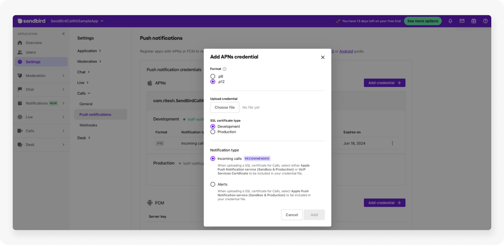 Upload VoIP certificate to Sendbird portal