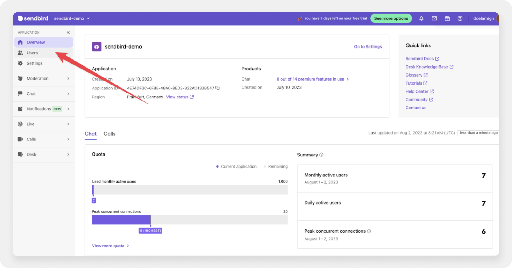 Users section in the Sendbird Dashboard