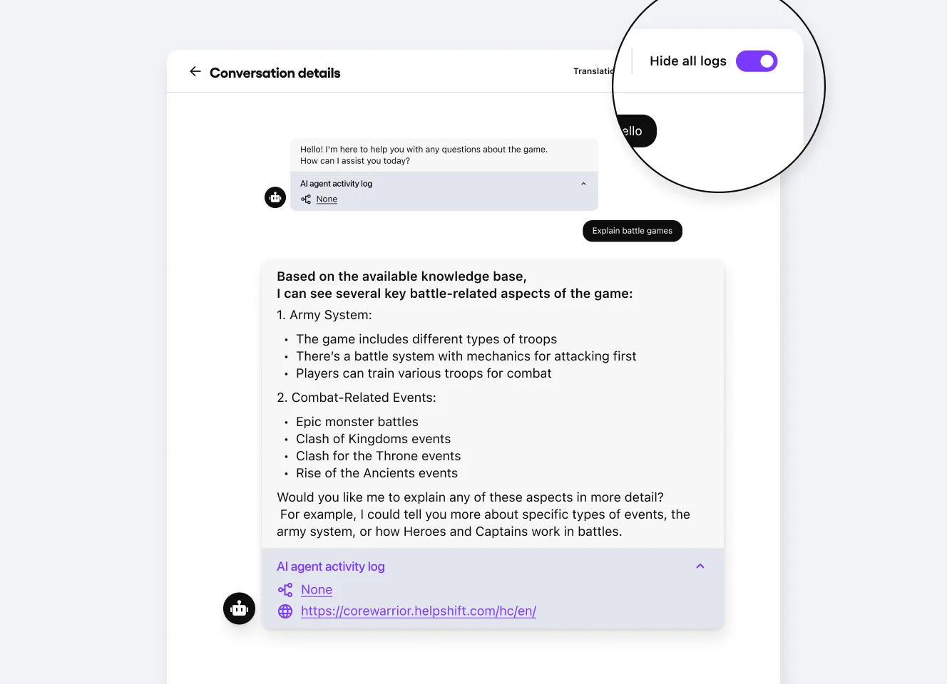 A searchable log of AI agent multi-turn conversation