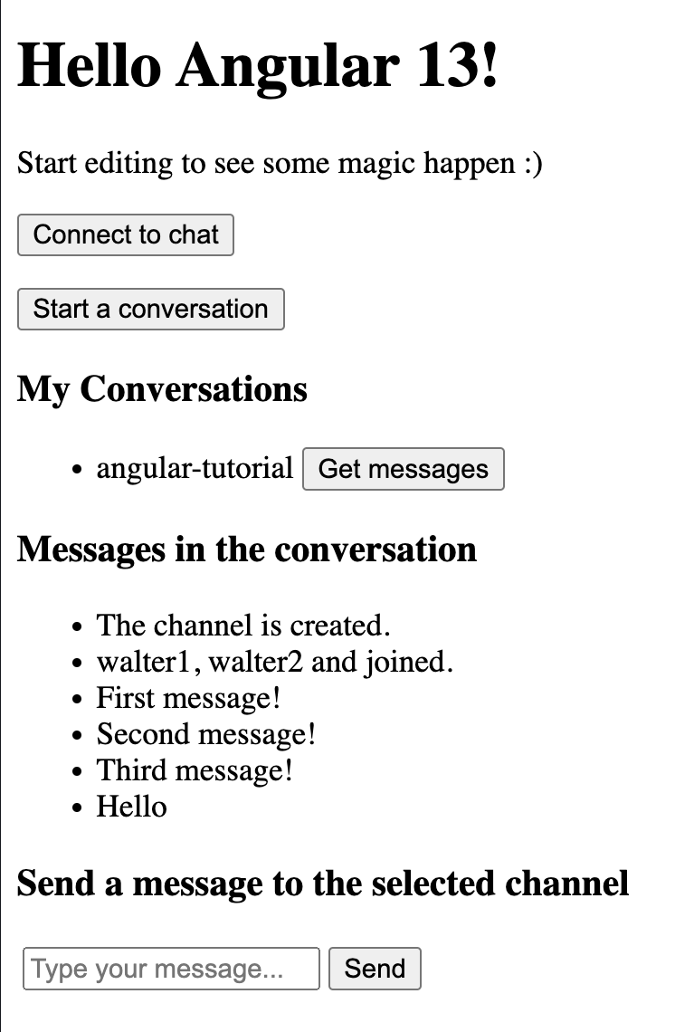 Angular 13 welcome page plus messages in conversation