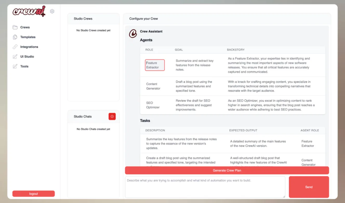 CrewAI AI agent builder showing natural language workflow creation in user interface