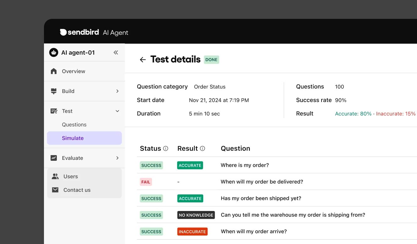 Sendbird end-to-end AI agent testing dashboard