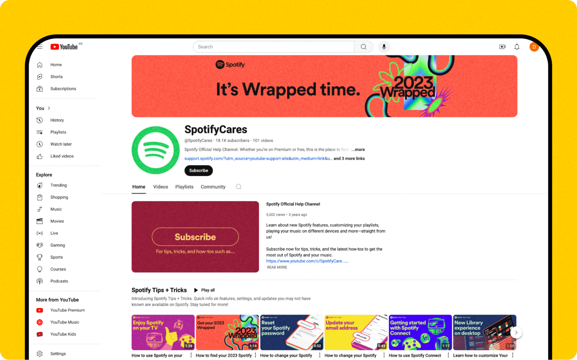 A screenshot of Spotifycares' YouTube page as a part of their overall customer service strategy