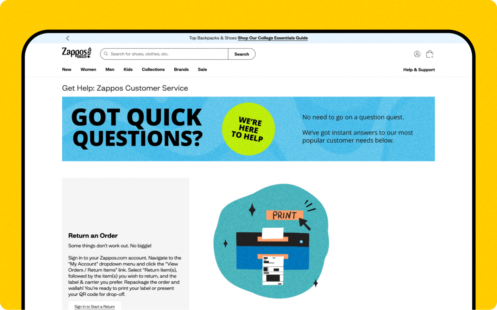 A screenshot of a page from Zappos' page as part of their customer service