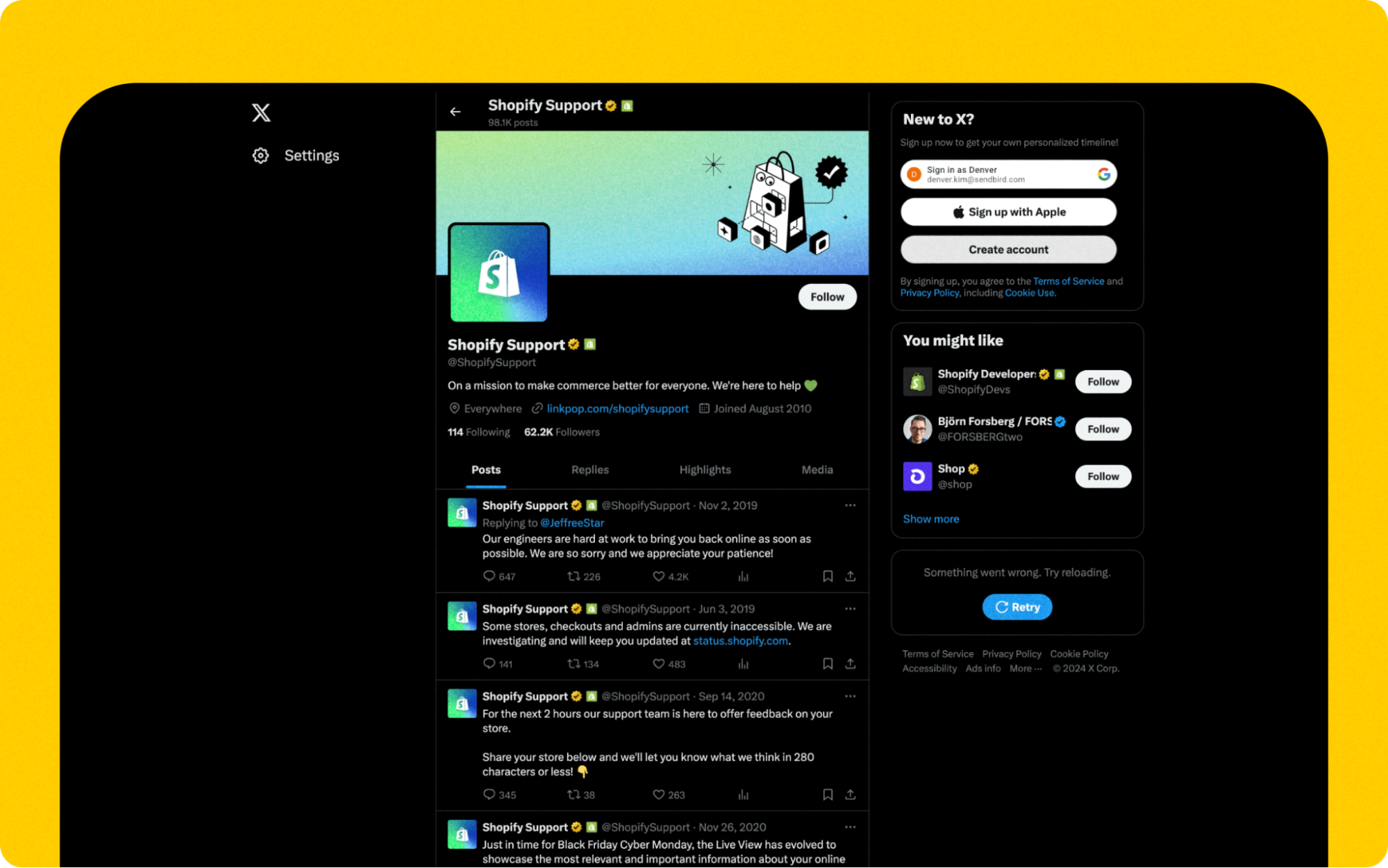 A screenshot of Shopify Support's X (formerly Twitter) account for customer support