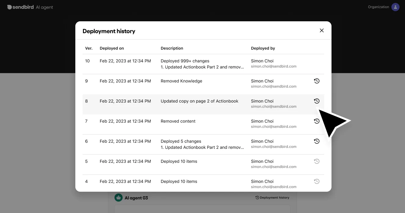 Detailed deployment history and audit logs in the AI agent dashboard