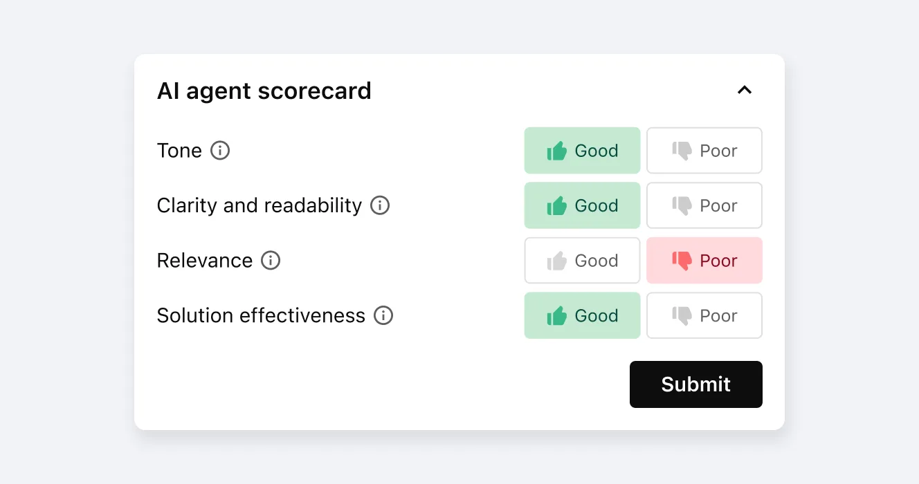Evaluate AI agent performance for accuracy, tone, clarity, and solution quality