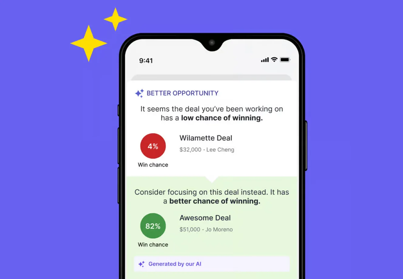 Pipedrive’s AI Sales Assistant analyzes past interactions and sales data to suggest which leads to prioritize and how to engage them.