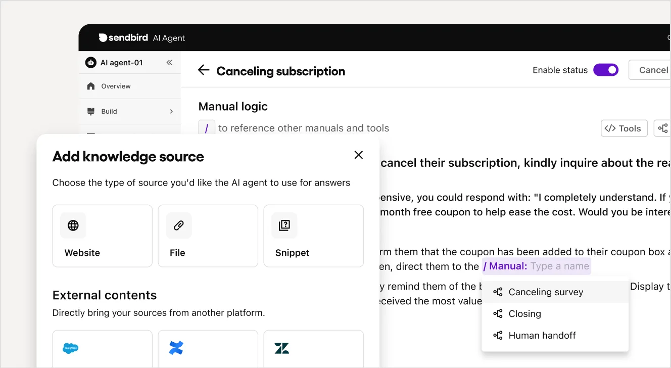 Sendbird knowledge base integration to create context for AI agents.