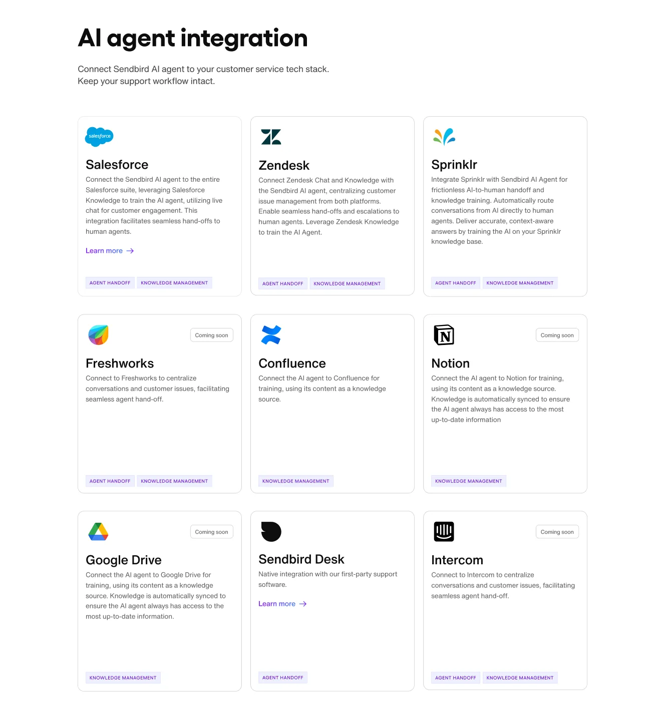 Sendbird customer support software and knowledge base AI agent off-the-shelf integrations