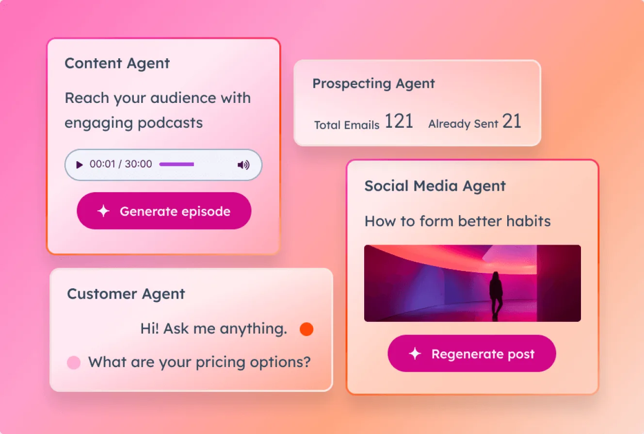 Hubspot’s Breeze AI offers a team of AI agents (autonomous AI entities) specialized for various AI-driven lead generation activities.