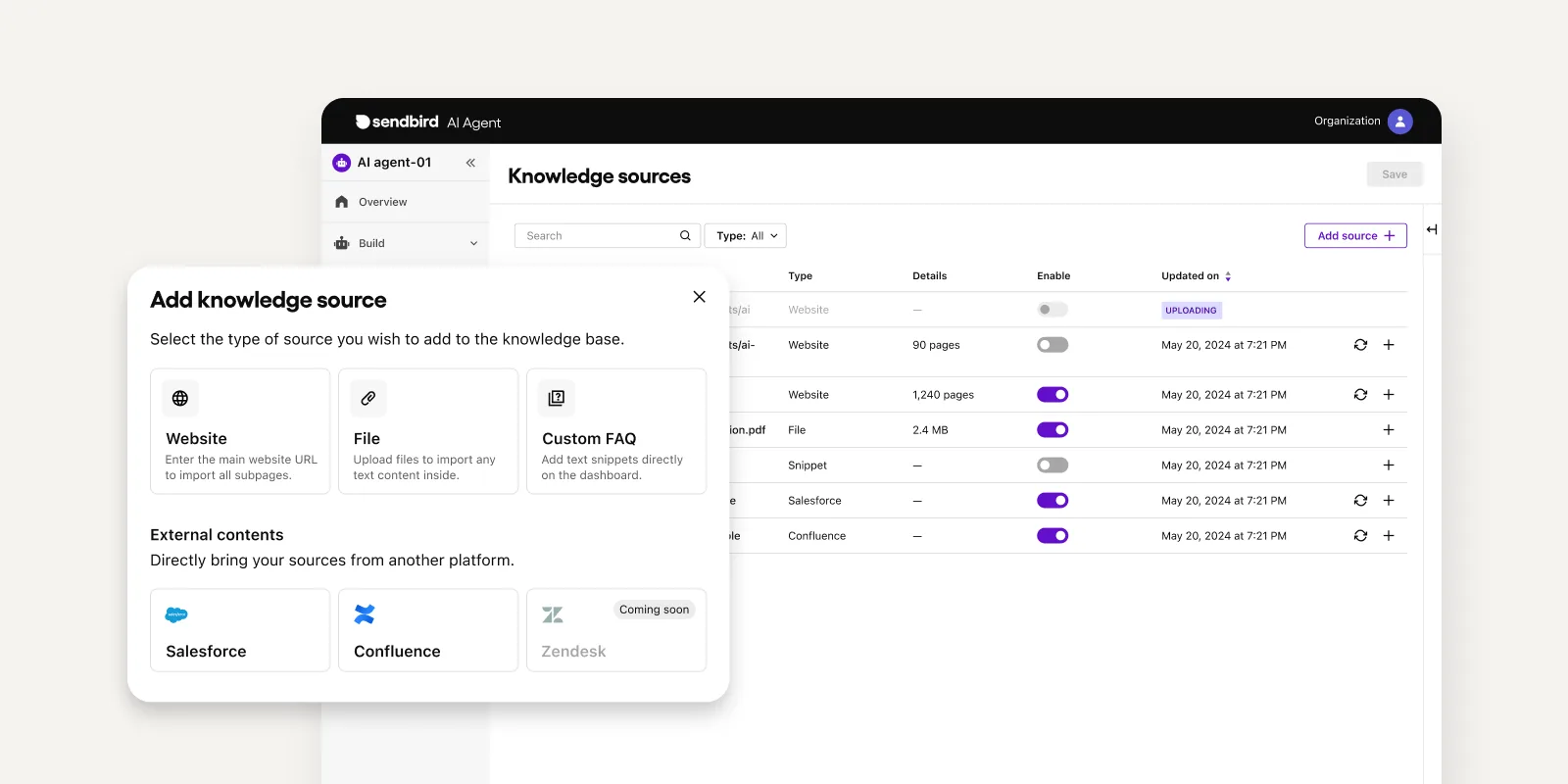 AI agent knowledge source dashboard