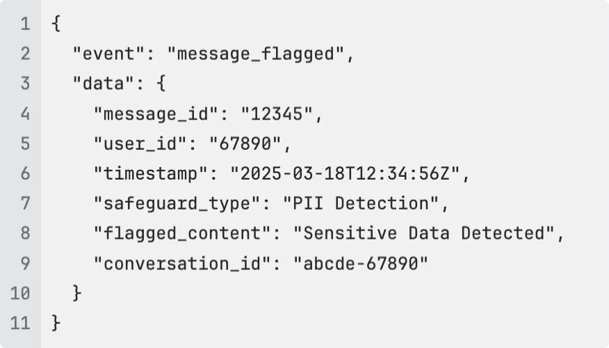 Example webhook payload for Sendbird’s safeguards API support capability