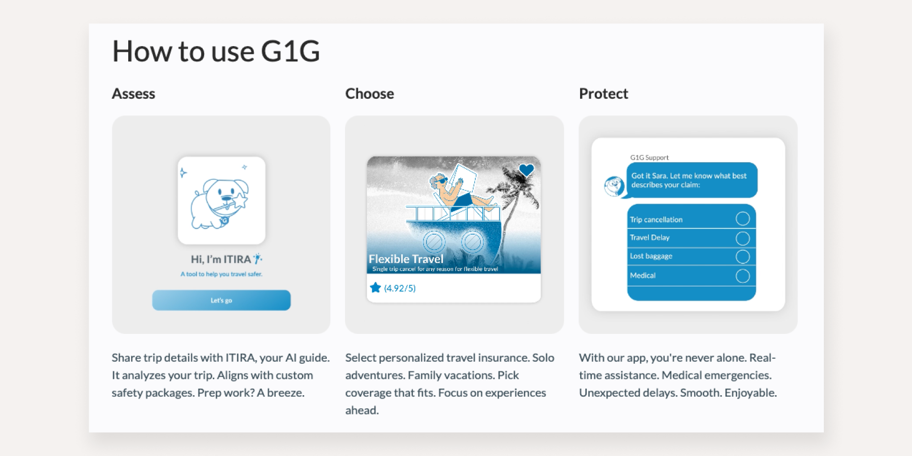 G1G Travel Insurance prompts customers to share trip details so their AI guide can offer personalized travel insurance plans.