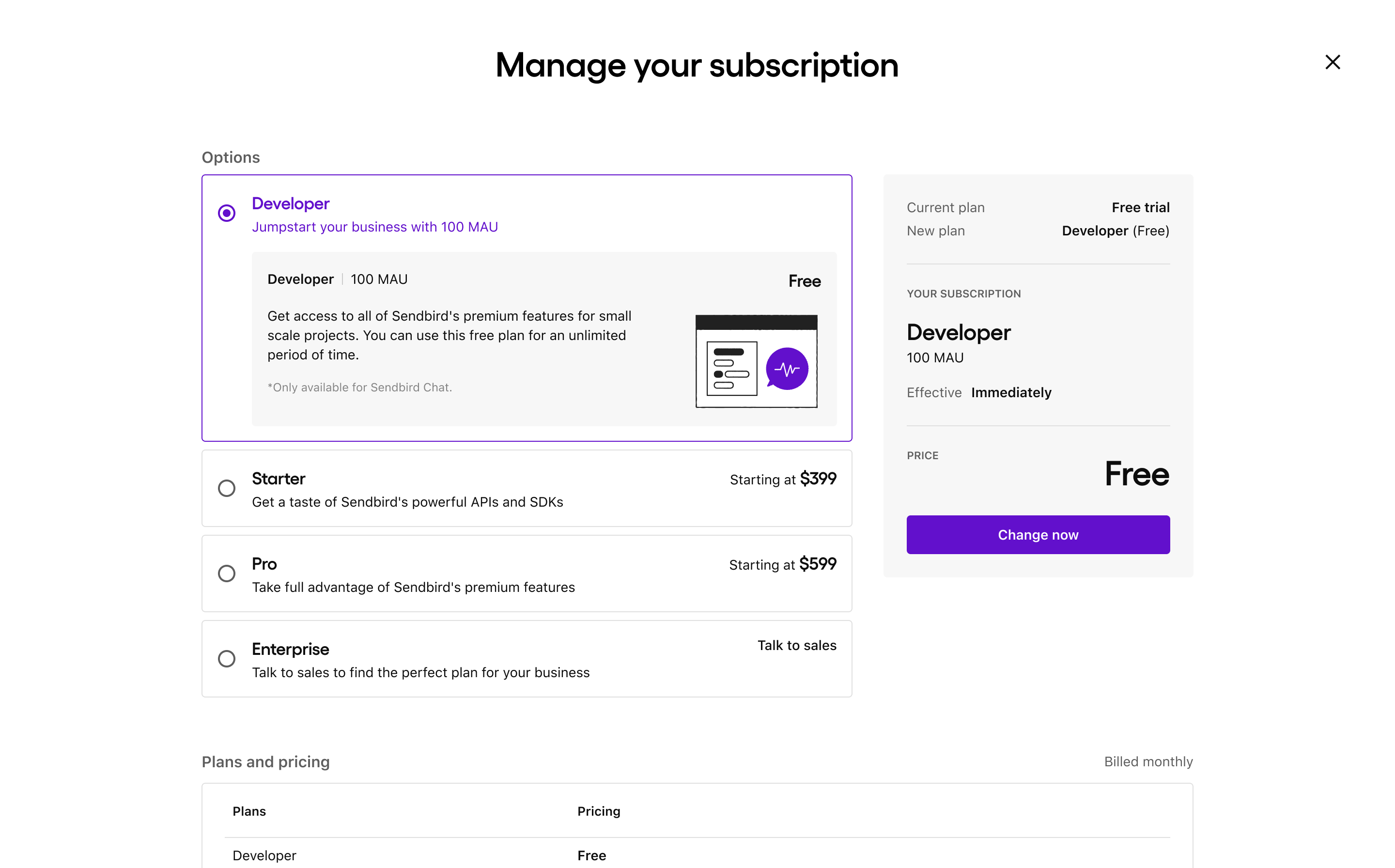 Manage your subscription in Sendbird