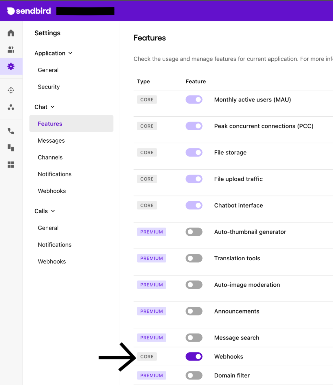 Sendbird dashboard webhooks feature