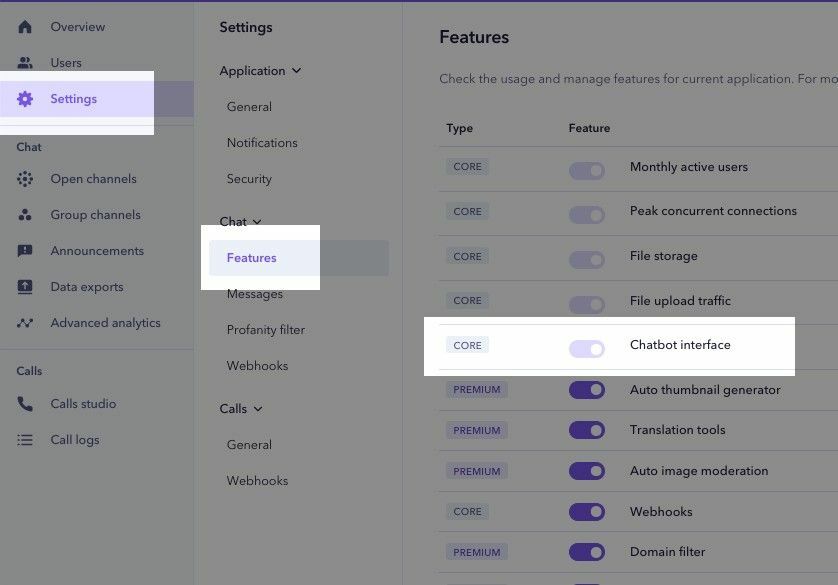 Sendbird dashboard