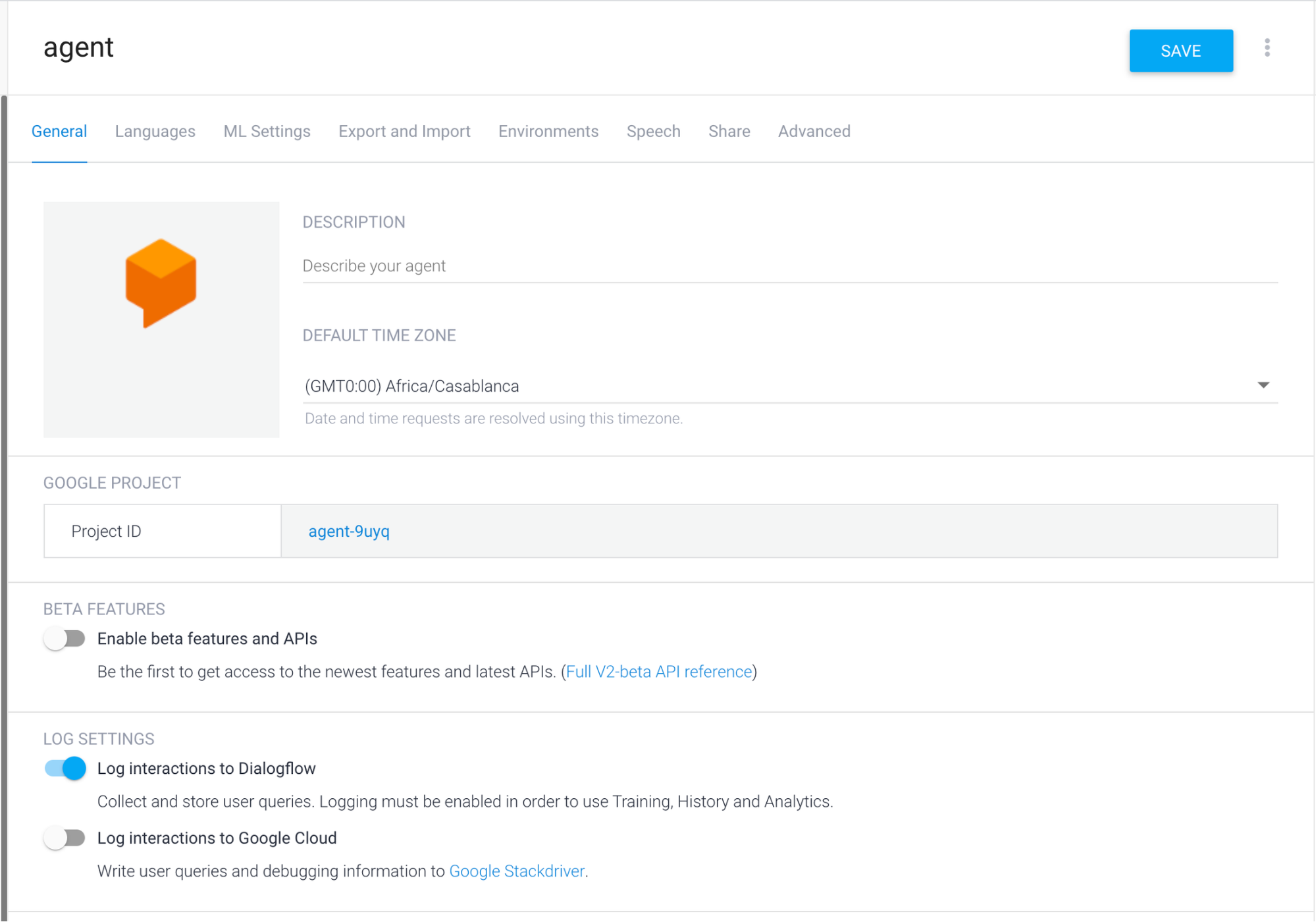 Dialogflow project ID for the created agent
