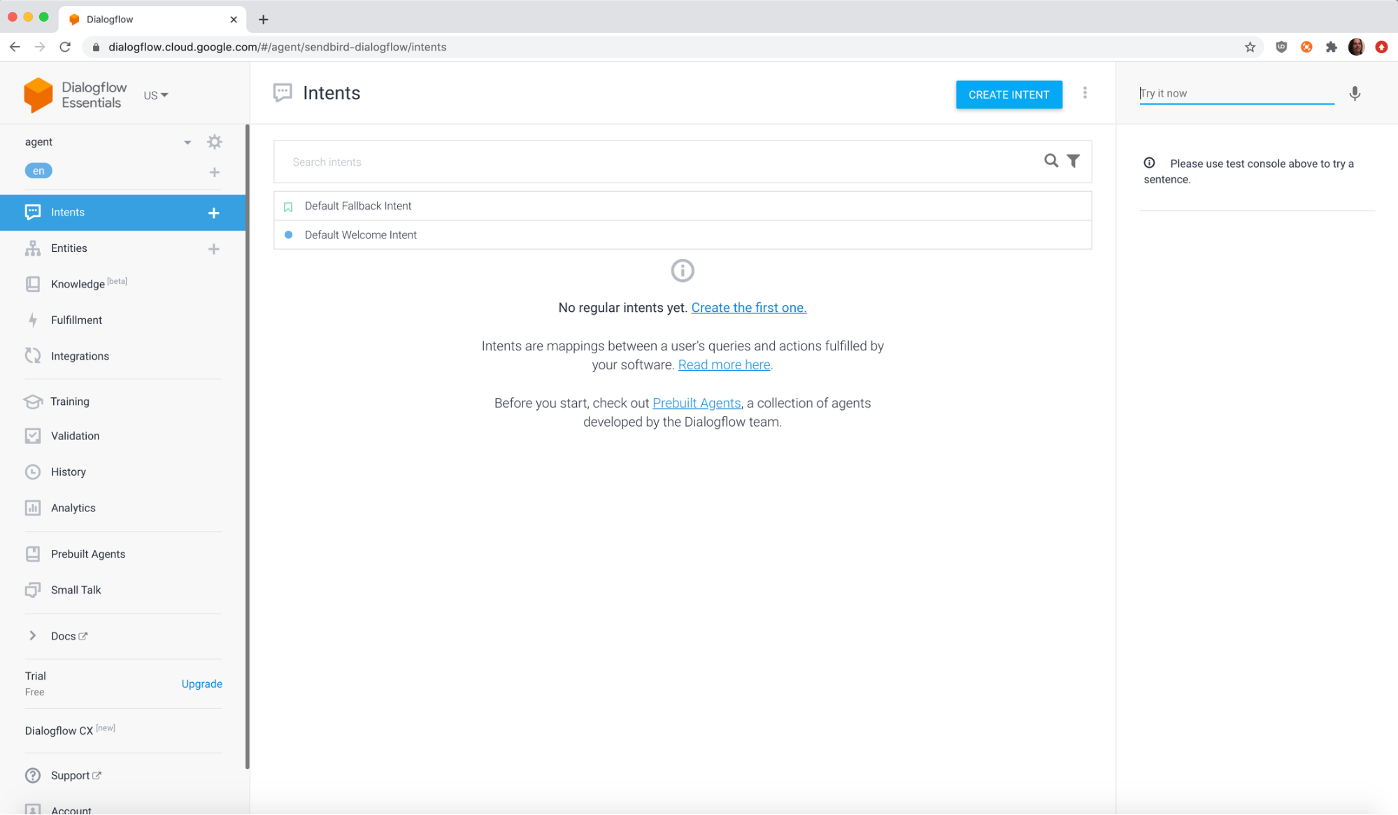 Dialogflow agent created: Intents view