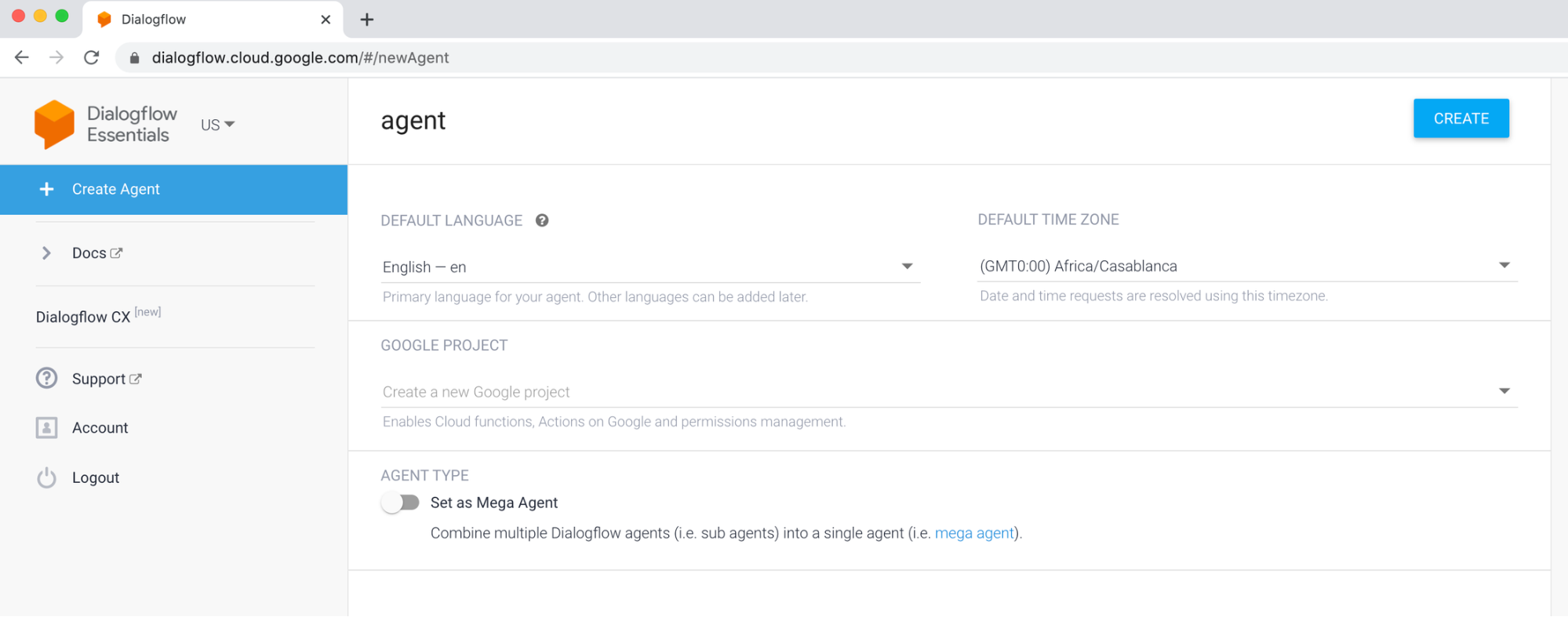 Dialogflow create agent