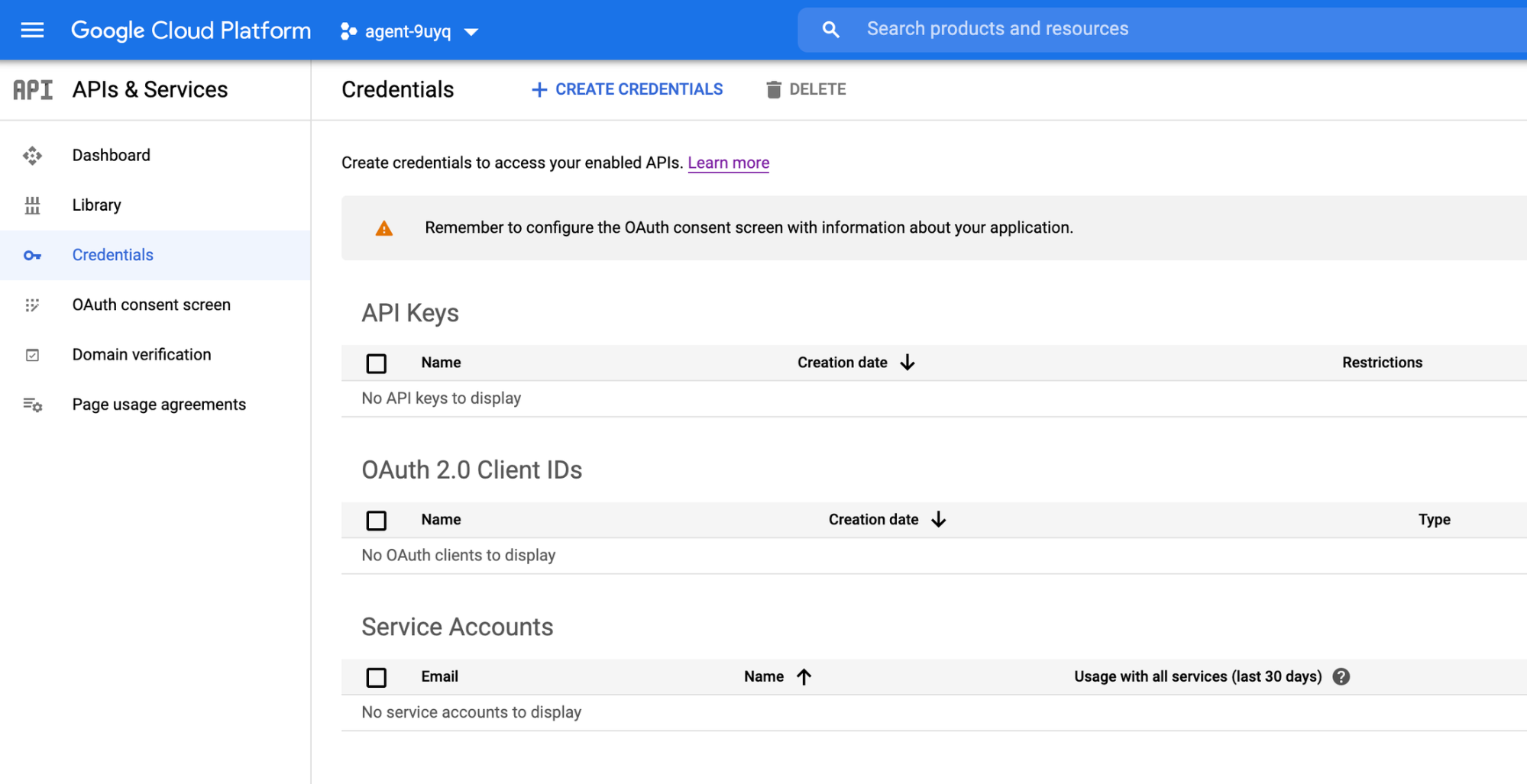 Google credentials: Create new