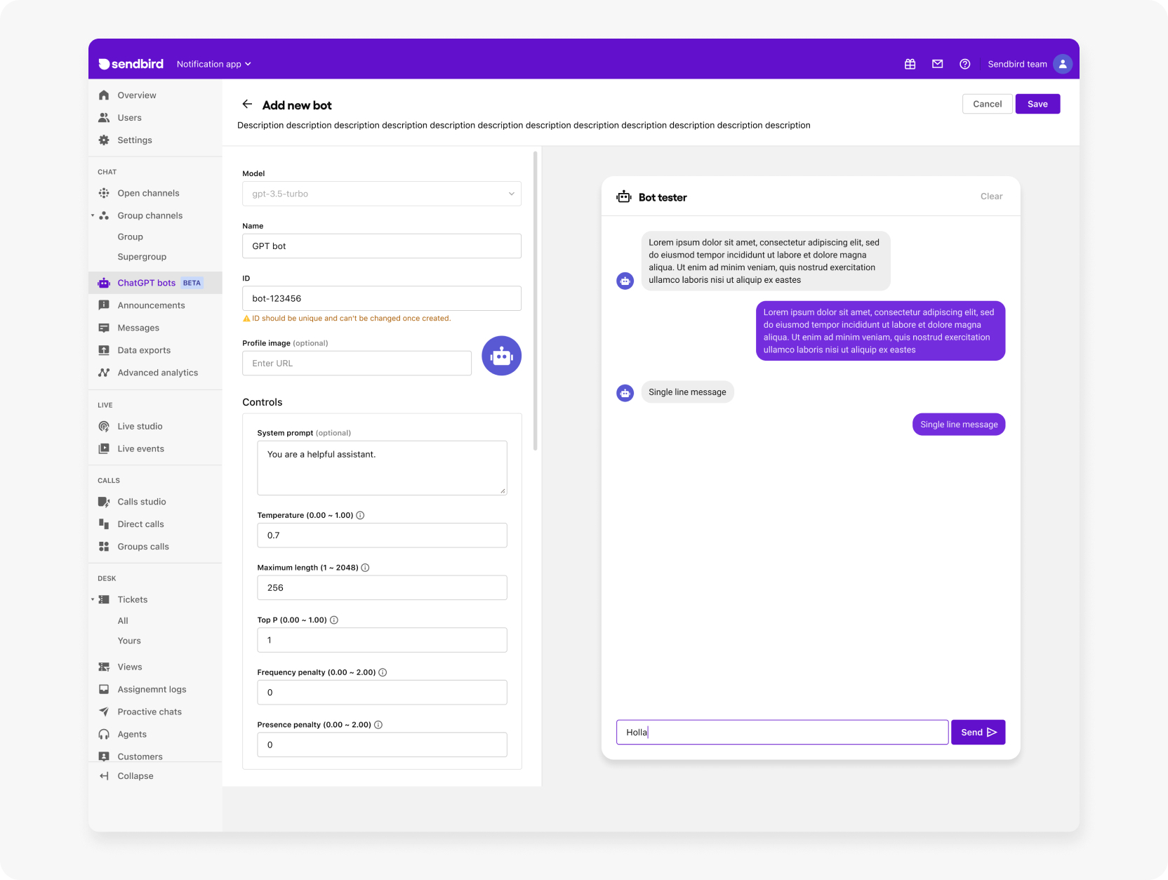 Sendbird 仪表板中由 ChatGPT 支持的 AI 聊天机器人配置和测试 UI。