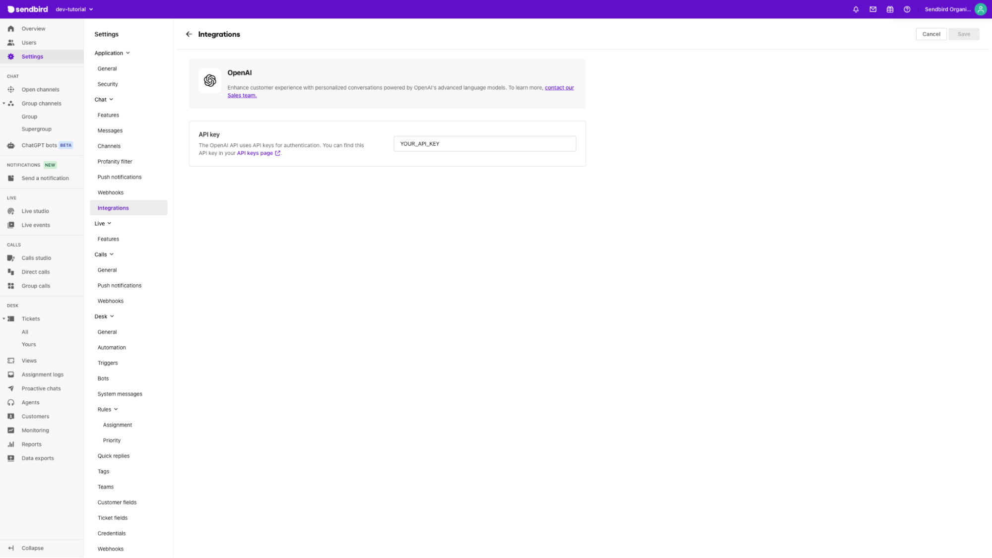 A screenshot of entering the OpenAI API key in the Sendbird Dashboard