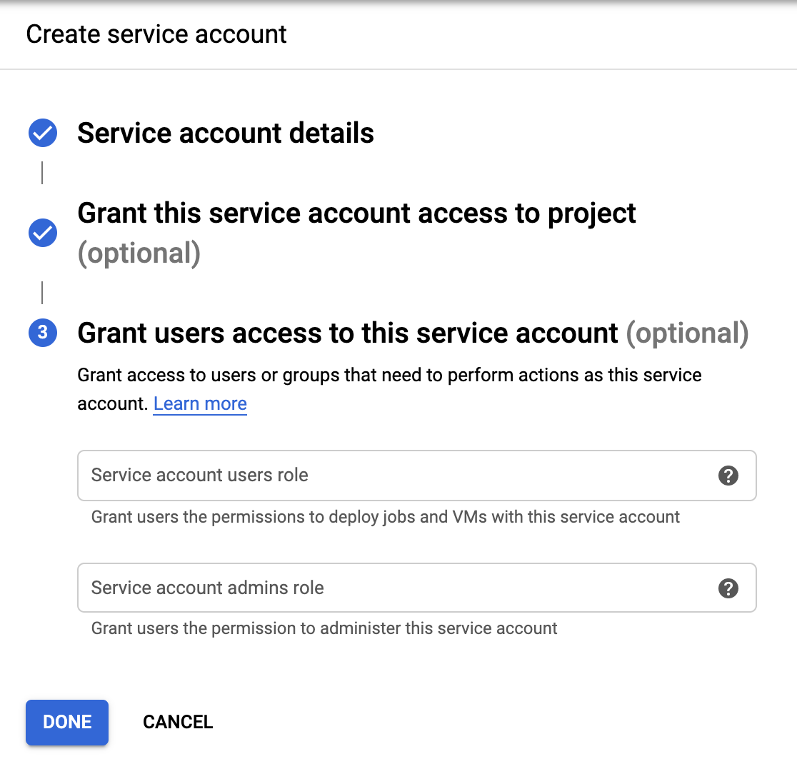 Service account: Finish process