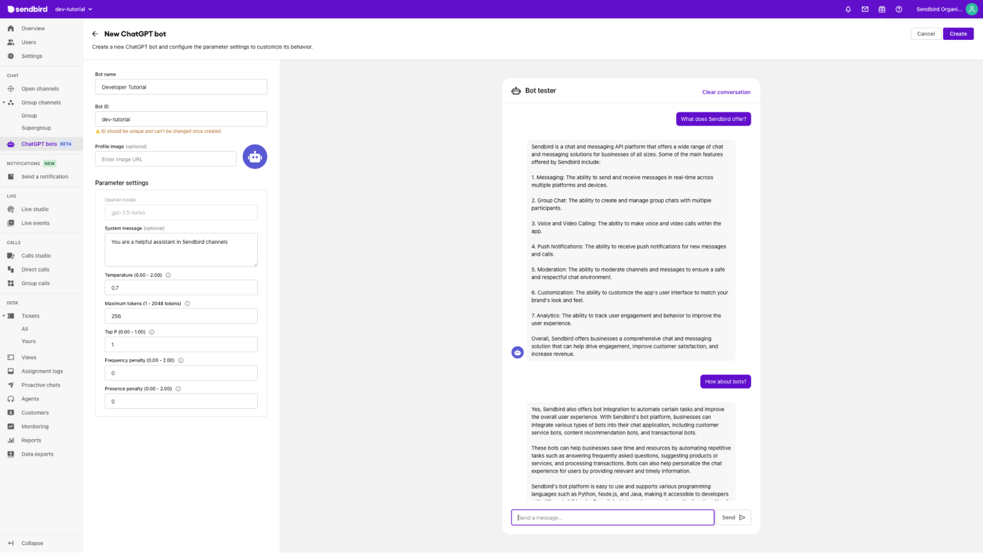 A screenshot of the ChatGPT integration in the Sendbird Dashboard