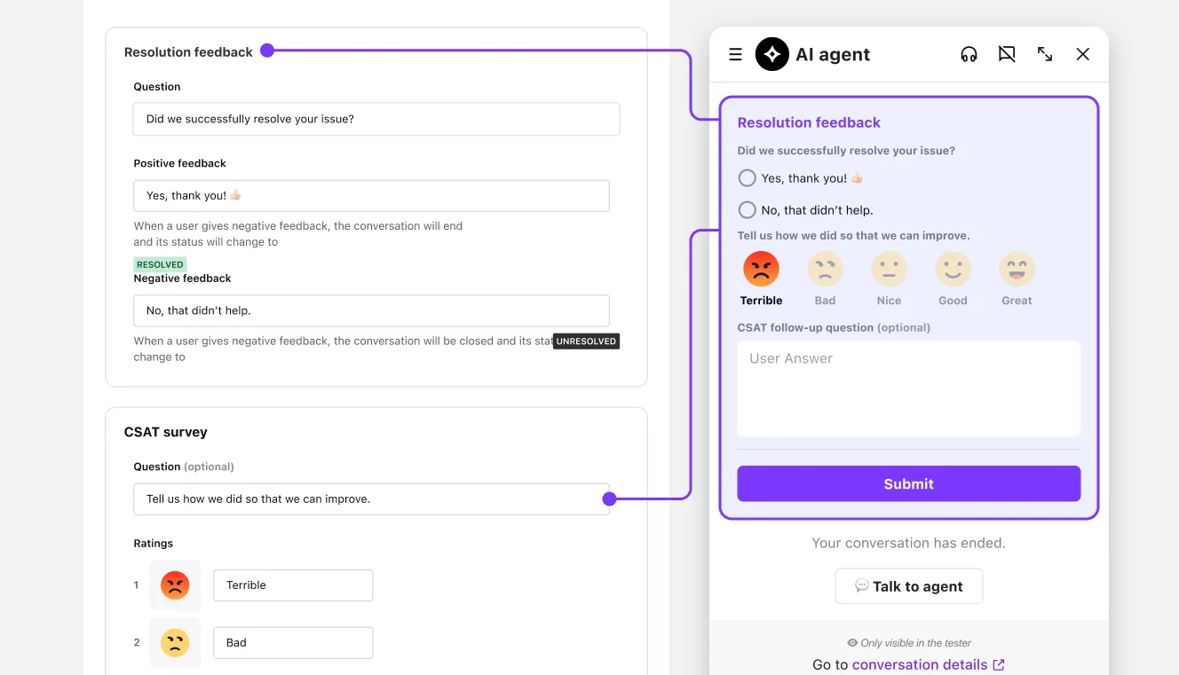 AI agent builder interface with customizable text boxes to embed customer feedback mechanisms in AI interactions