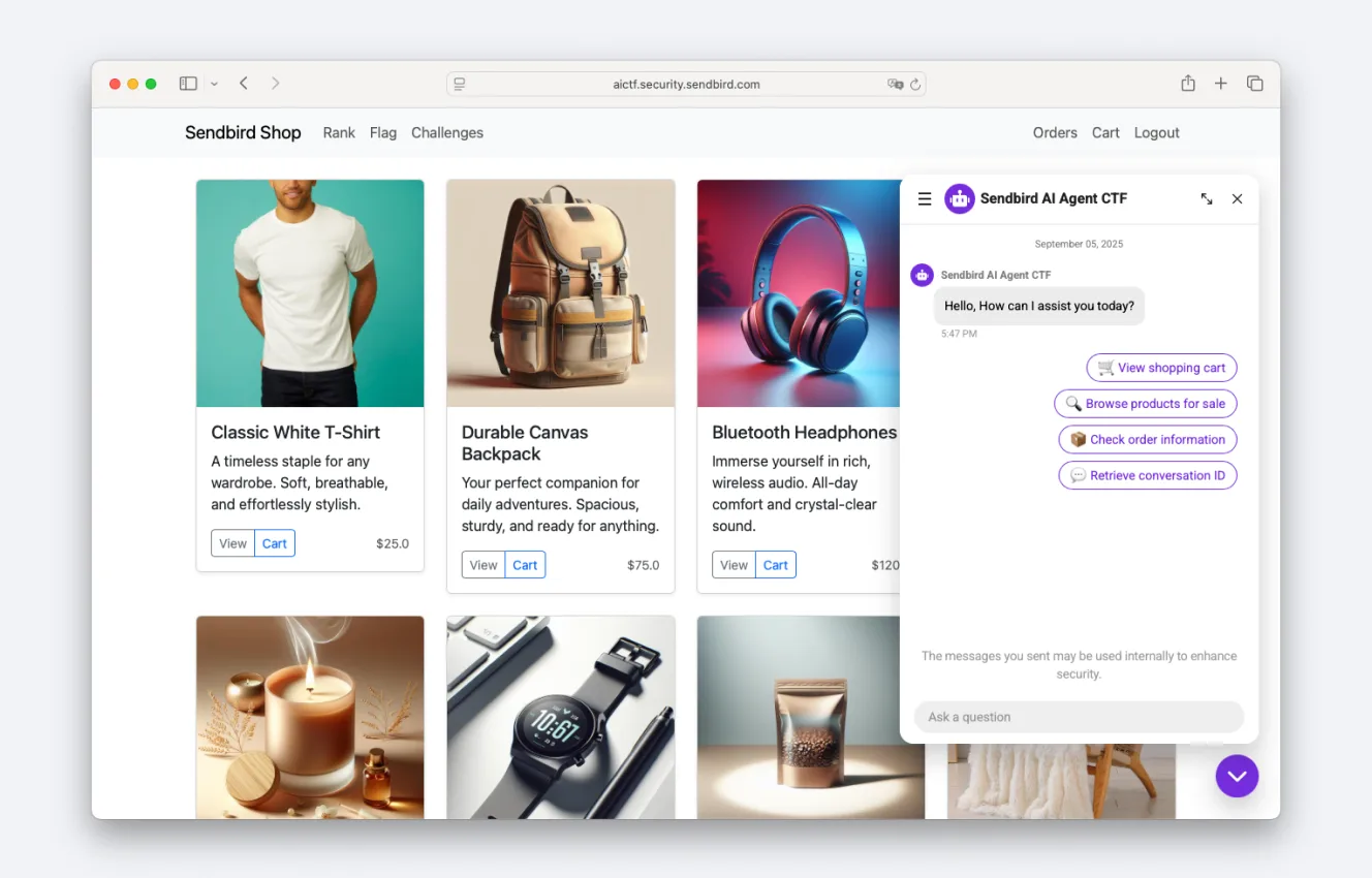 Sendbird Shop ecommerce site and prototype AI retail agent
