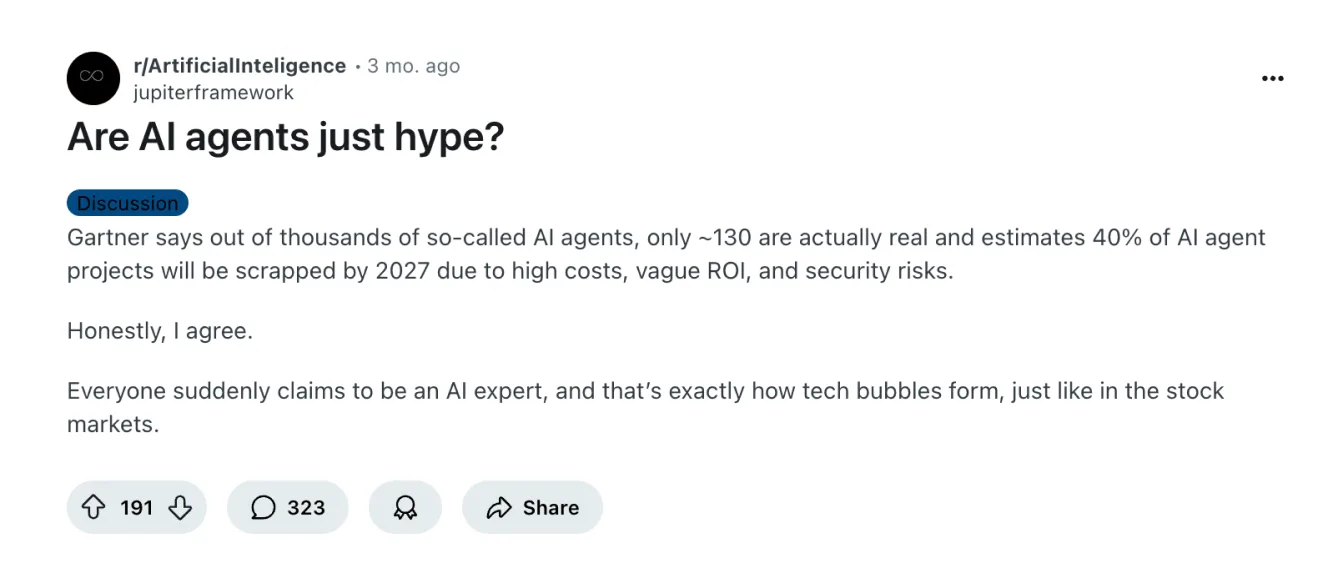 Reddit query if AI agents are just hype, answered by Sendbird