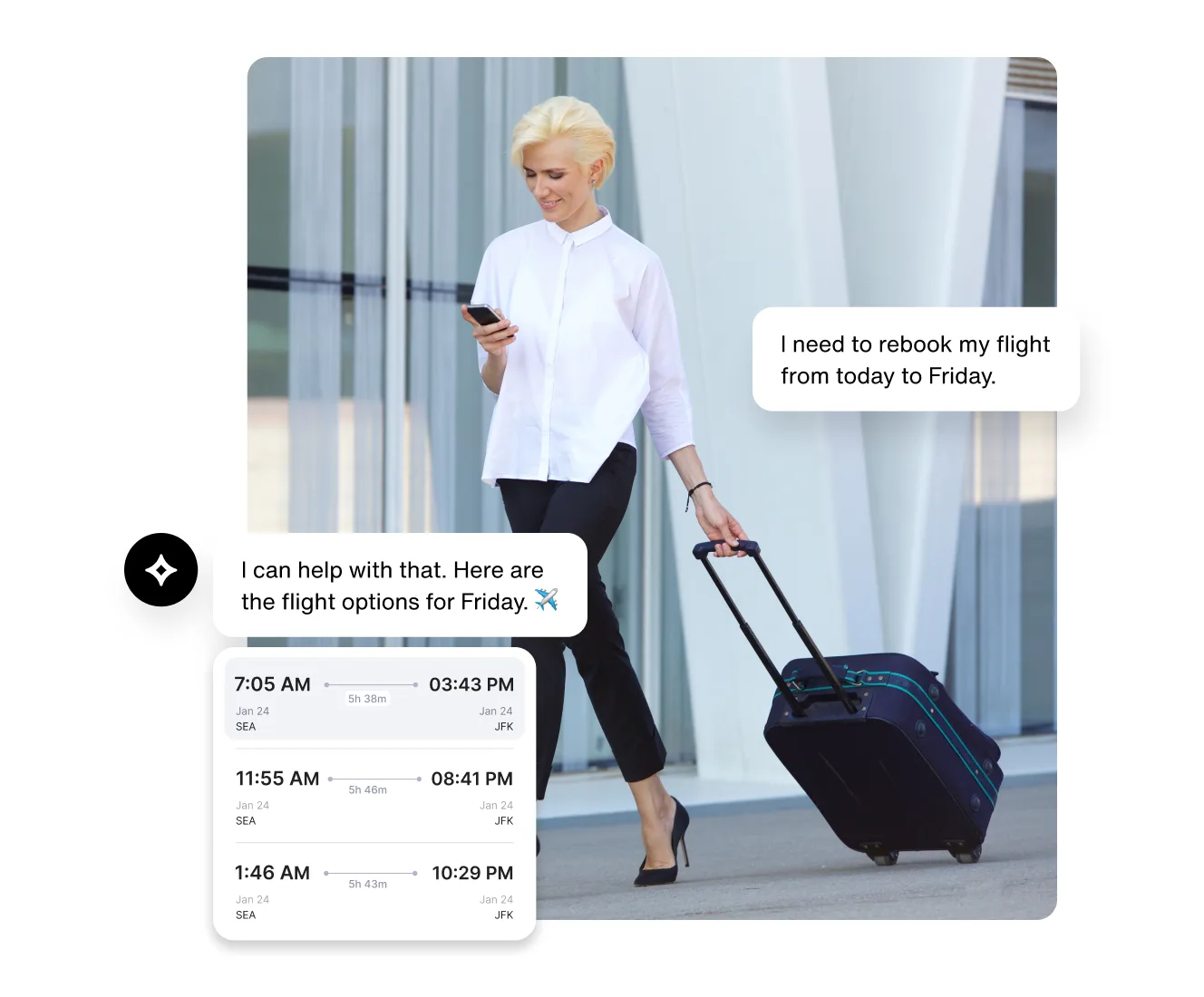 Sendbird AI agent delivers flight rebooking options for stylish traveler on the go