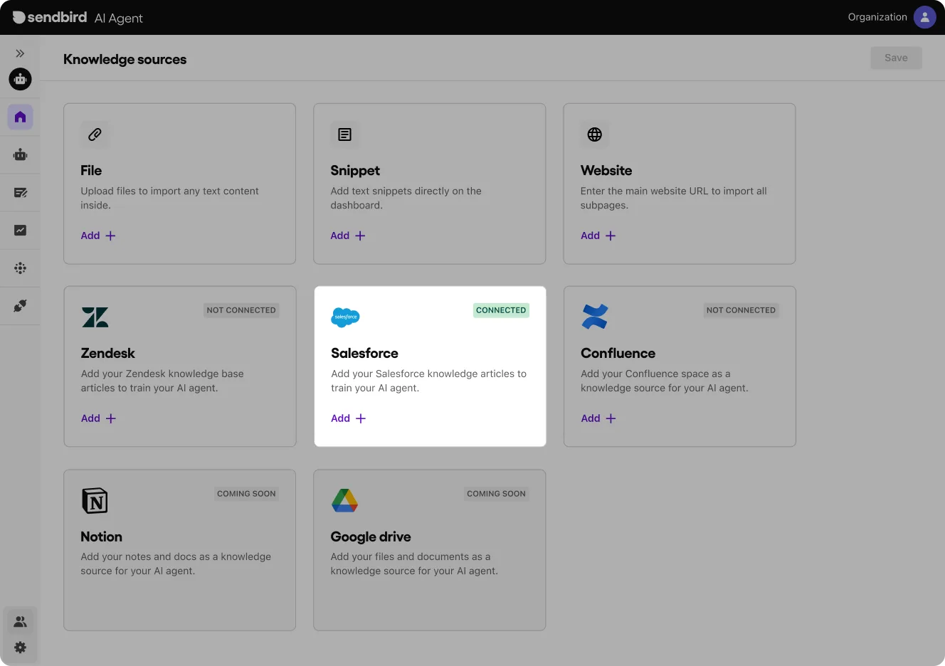 Selecting knowledge sources to connect in the Sendbird AI agent dashboard