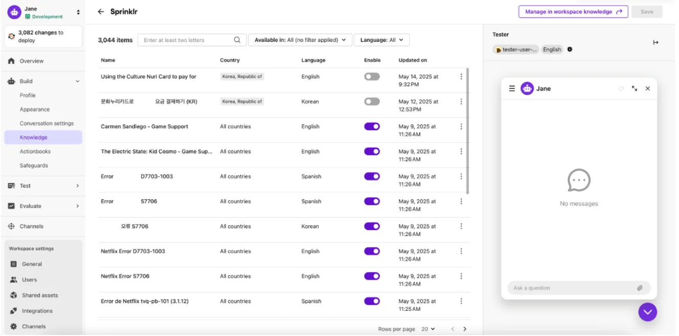 Modifying per-agent knowledge settings in Sendbird