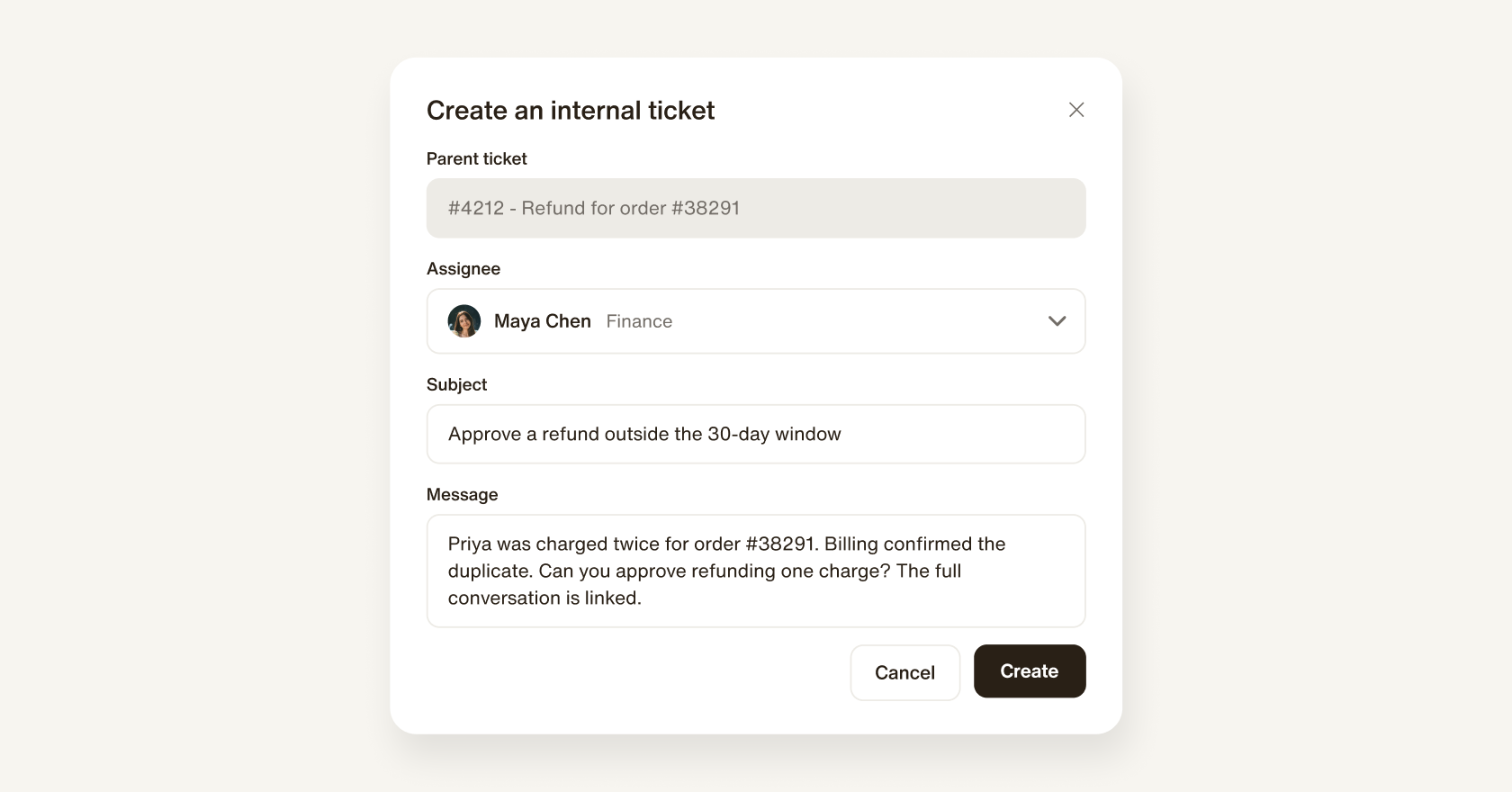 Internal Tickets let human agents hand off part of a customer request to another agent straight from the ticket they're working on