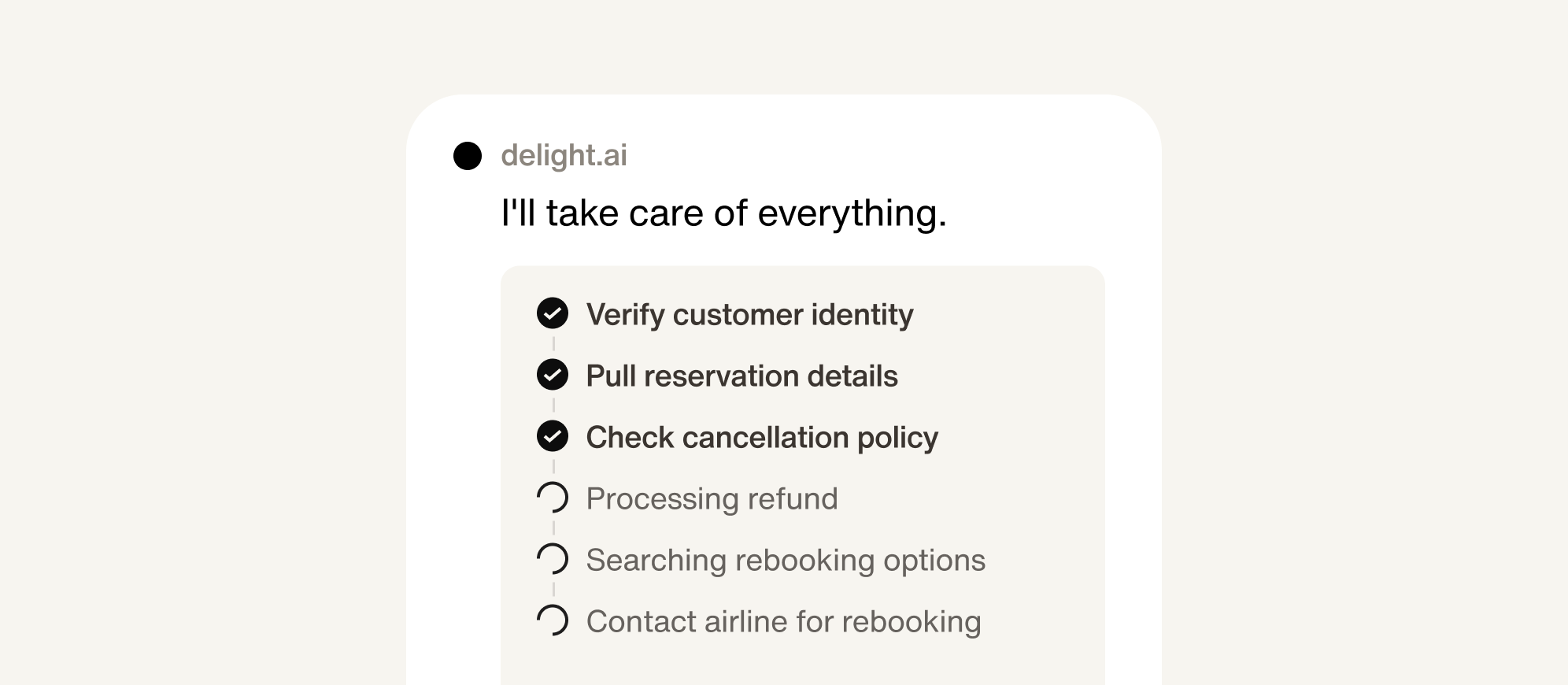 An AI agent verifying customer identity, pulling, reservation details, and contacting the airline for rebooking
