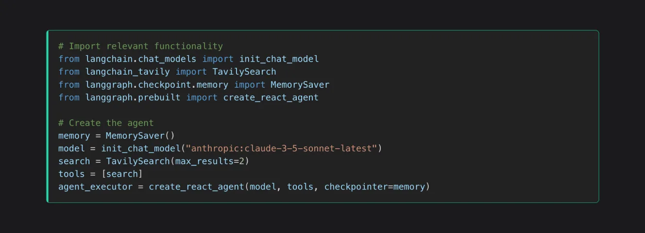 LangChain framework code showing creation of agent workflow
