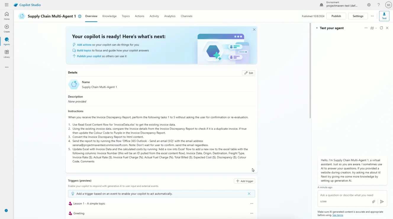 Microsoft AI agent builder user tasking agent to workflow in natural language in white user interface