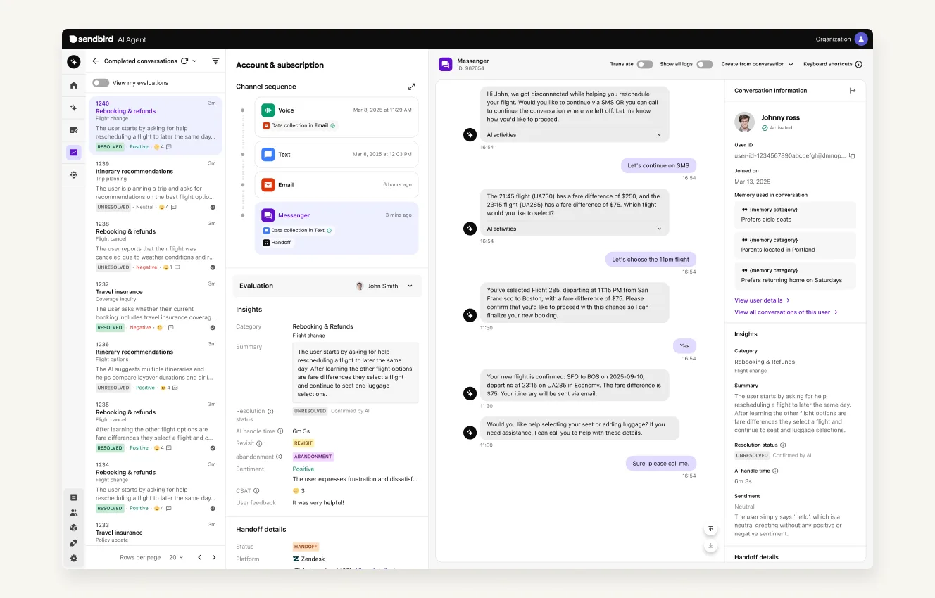 In the dashboard, every interaction appears as part of a single, ongoing conversation