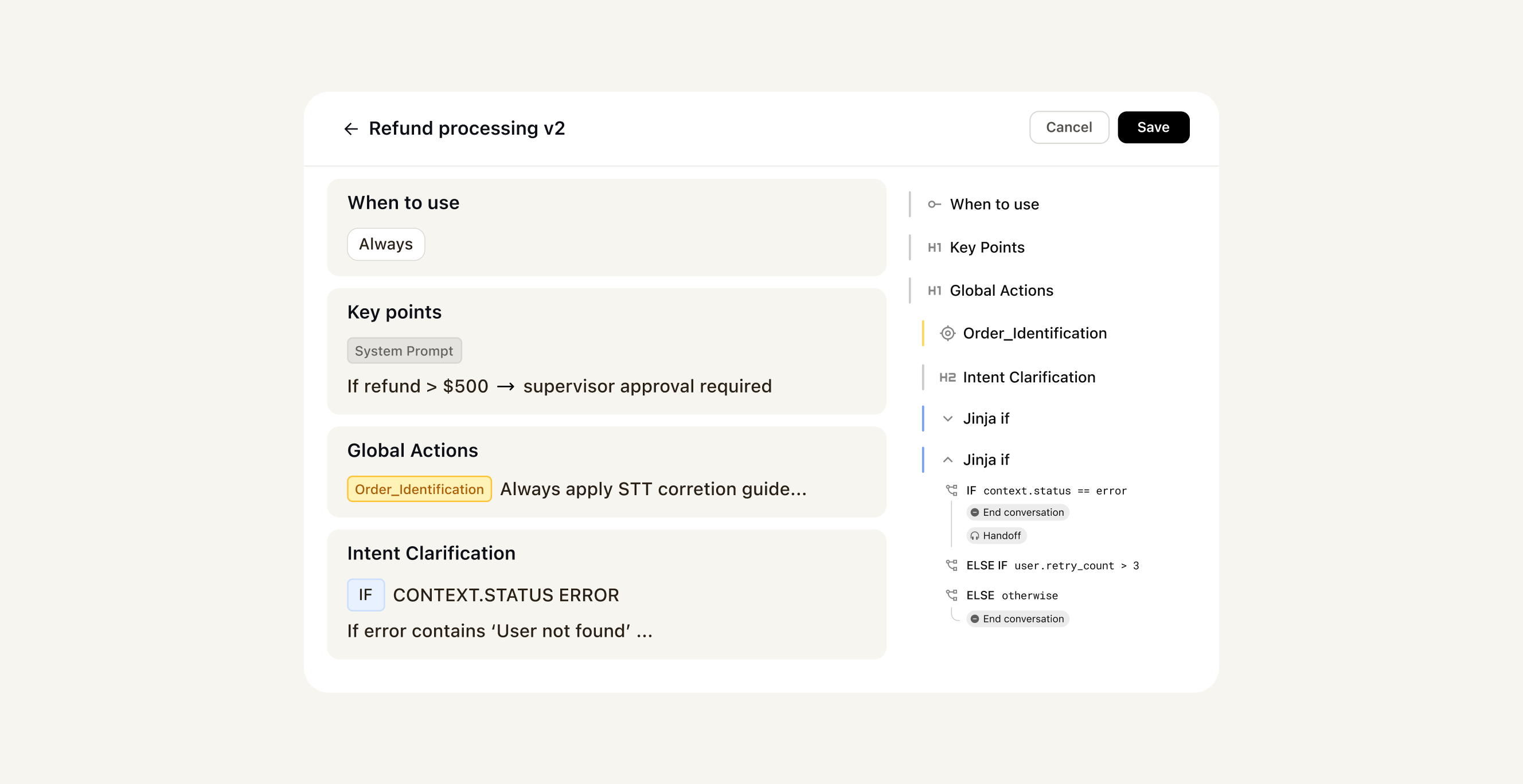 A real actionbook in Flow view — every section, every branch, every condition visible at once. Click any node to jump straight to it in the editor.