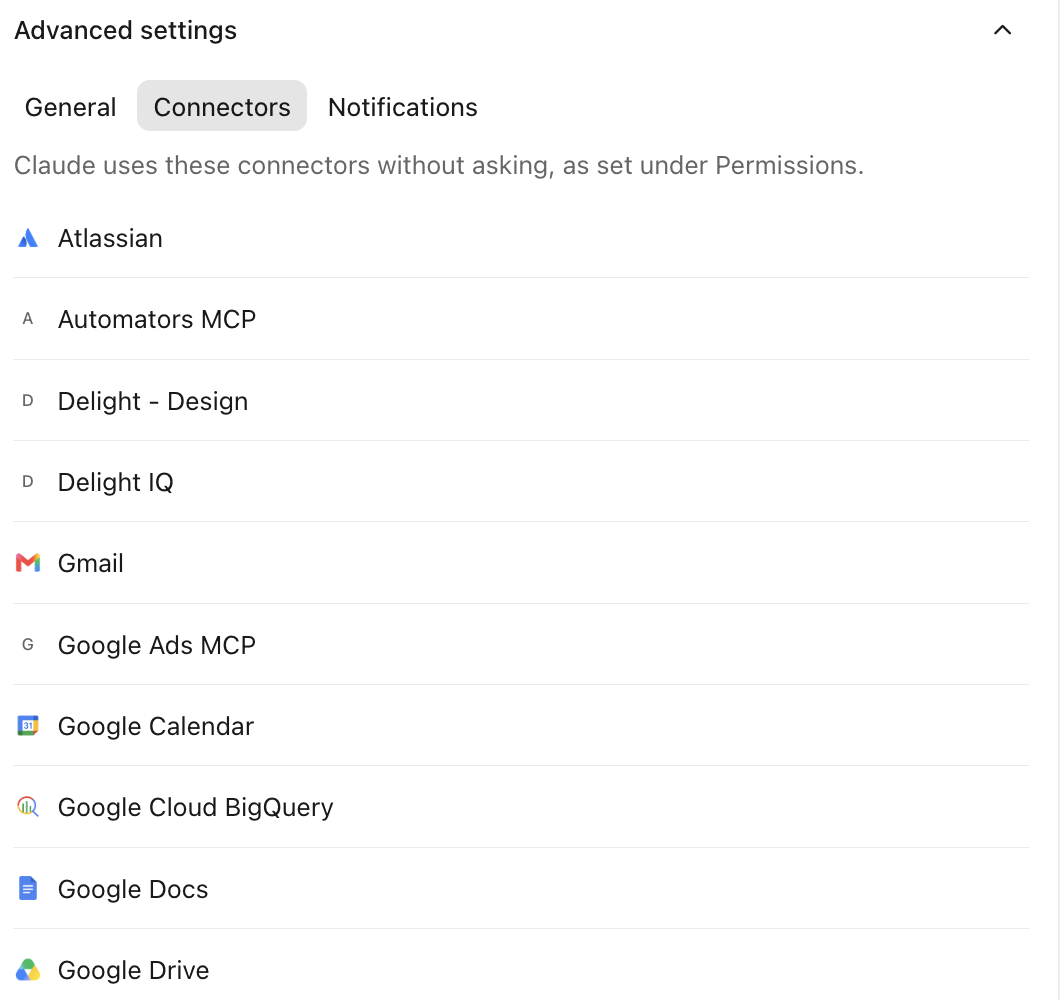 Connectors tab in an AI workflow's advanced settings, listing connected data sources like Atlassian, Gmail, Google Calendar, and Google Drive