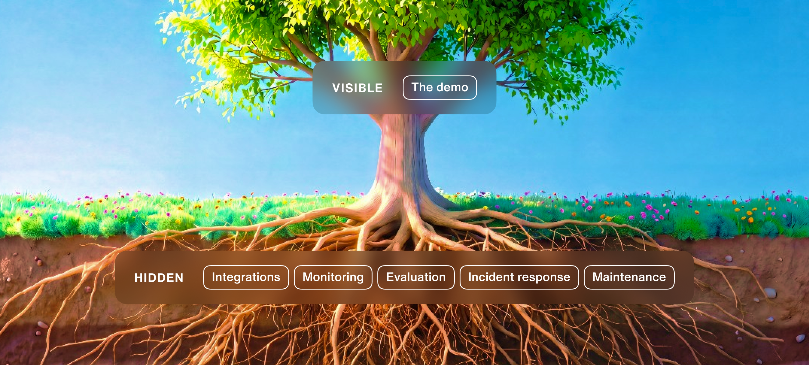 An image of a tree with the top part reading 'visible - the demo' and the roots part reading 'hidden - integrations, monitoring, evaluation, incident response, maintenance'